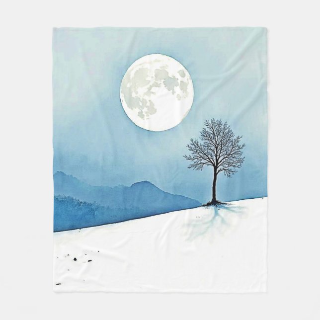 Lone Tree: Serene Full Moon Silence Art Fleece Blanket (Front)
