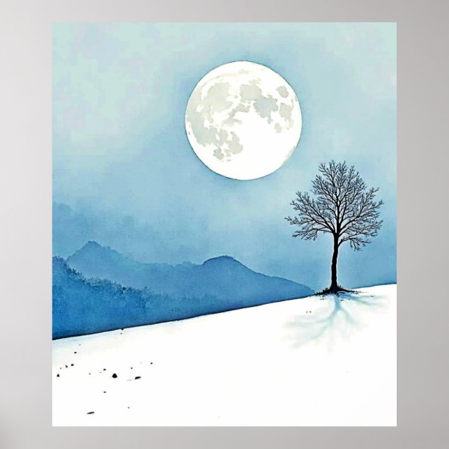 Lone Tree: Serene Full Moon Silence Art Poster (Front)