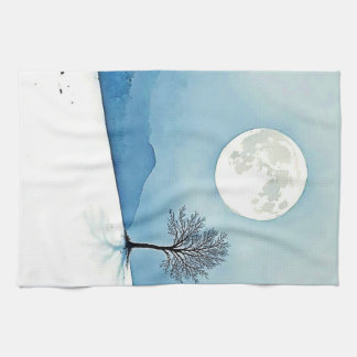Lone Tree: Serene Full Moon Silence Art Tea Towel