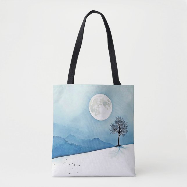 Lone Tree: Serene Full Moon Silence Art Tote Bag (Front)
