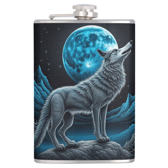 Lone Wolf and Full Moon Black and Blue Hip Flask (Front)