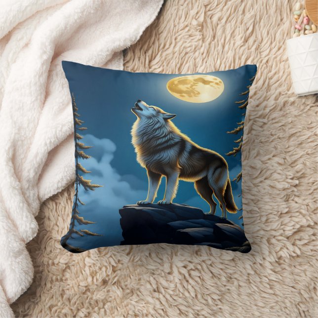 Lone Wolf Howling Beneath A Full Moon Cushion (Blanket)