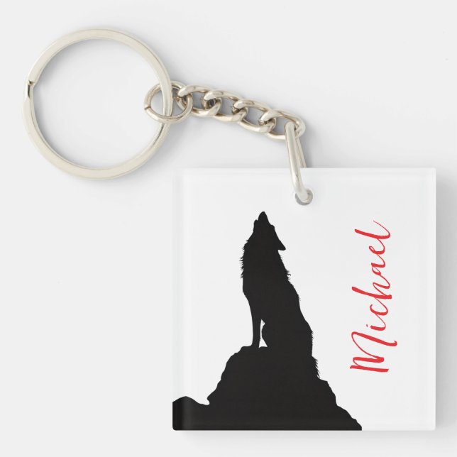 Lone Wolf Howling Your Name Custom Handwriting Key Ring (Front)
