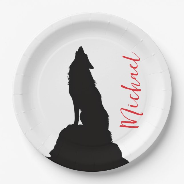 Lone Wolf Howling Your Name Custom Handwriting Paper Plate (Front)
