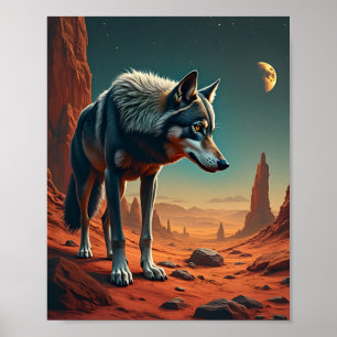 Lone Wolf in Desert of mars space Poster