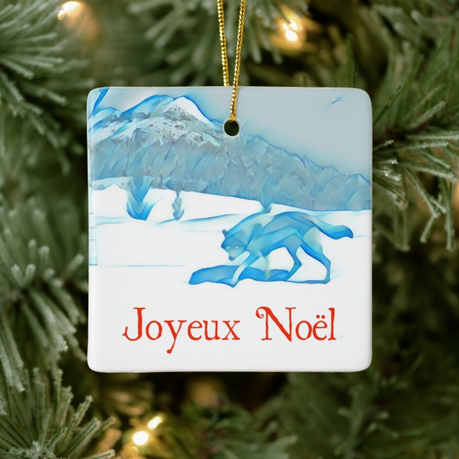 Lone Wolf In Winter - Joyeux Noël Ceramic Ornament (Tree)