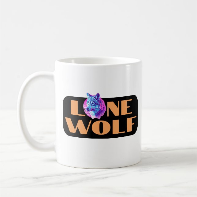 Lone Wolf or Your Message Large Orange Text, Black Coffee Mug (Left)