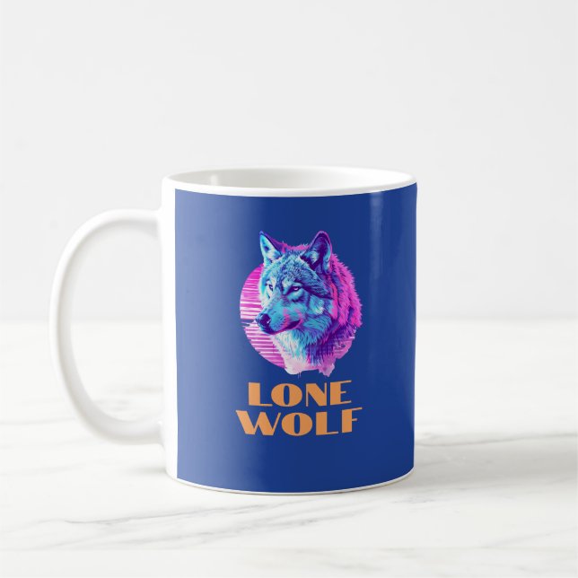"Lone Wolf" or Your Message, Wolf Art on Blue Coffee Mug (Left)