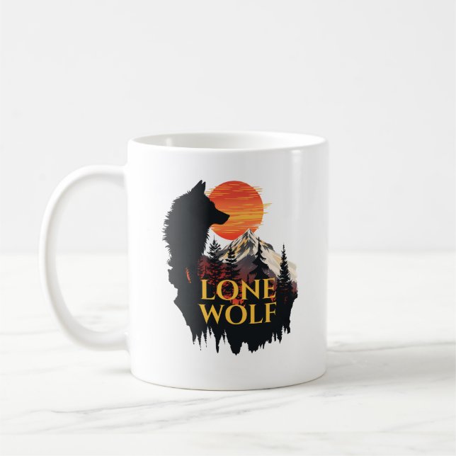 Lone Wolf, Orange Sunset Silhouette Wolf Art  Coffee Mug (Left)