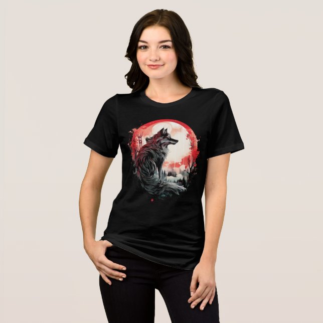 Lone Wolf Under Moon – Red Forest Art Tri-Blend Shirt (Front Full)