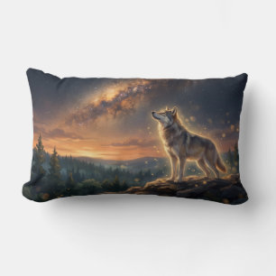 Lone Wolf Under The Starry Milky Way Sky Lumbar Cushion