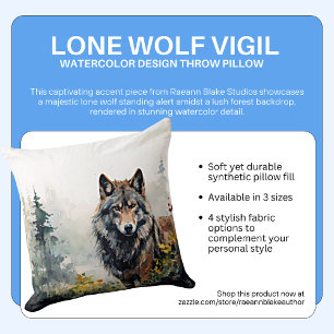 Lone Wolf Vigil Watercolor Design Throw Pillow