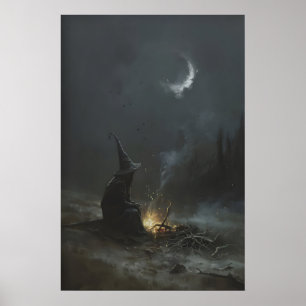 Lonely Alchemist Witch at Night, Dark Fantasy Poster