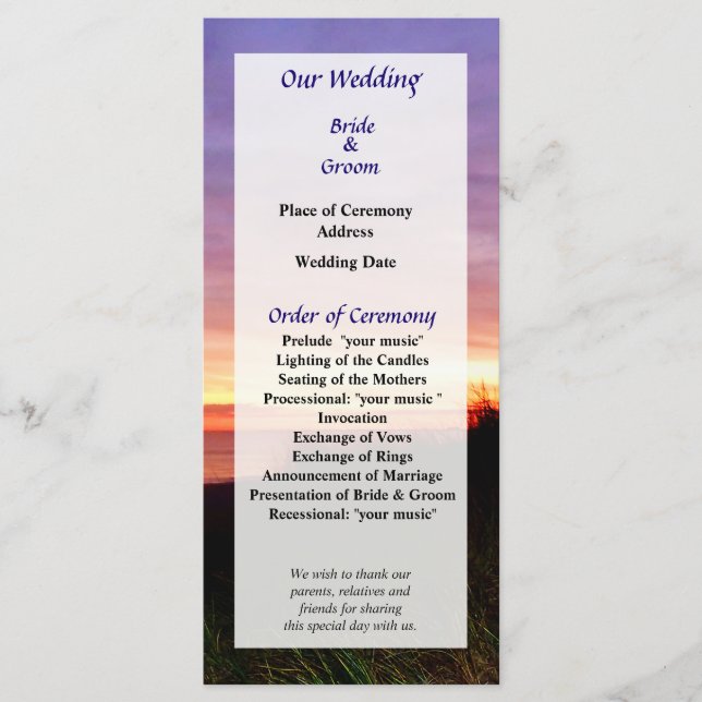 Lonely Beach at Sunrise Norfolk VA Wedding Program (Front)
