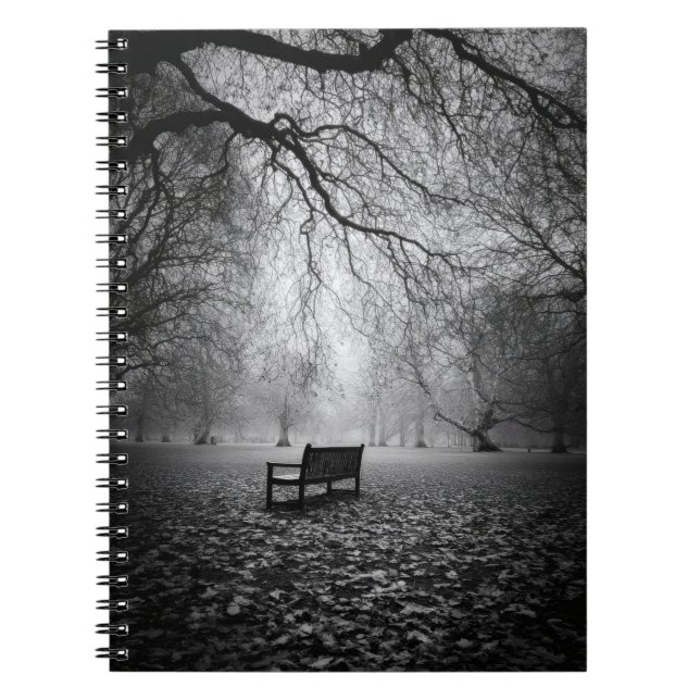 Lonely Bench Foggy Forest Notebook (Front)