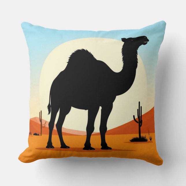 Lonely Camel Desert Sunset Travel Scene 🐪 Cushion (Front)