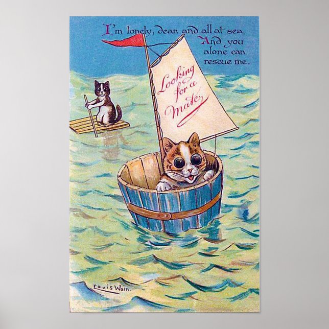 Lonely Cat at Sea, Louis Wain Poster (Front)