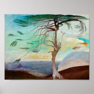 Lonely Cedar Tree Landscape Painting Poster
