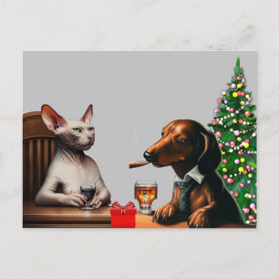 Lonely Christmas Dog and Cat Postcard