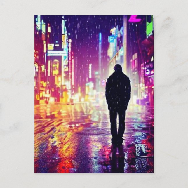 Lonely Cyberpunk In The Rain Postcard (Front)