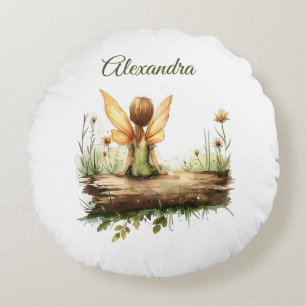 Lonely Fairy Sitting on a Log Round Cushion