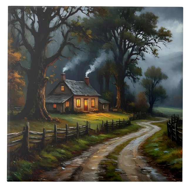 Lonely Farm House In Autumn Ceramic Tile (Front)