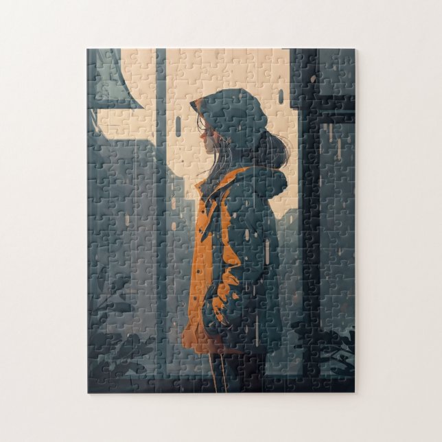 Lonely girl stay in rain next with window cartoon jigsaw puzzle (Vertical)