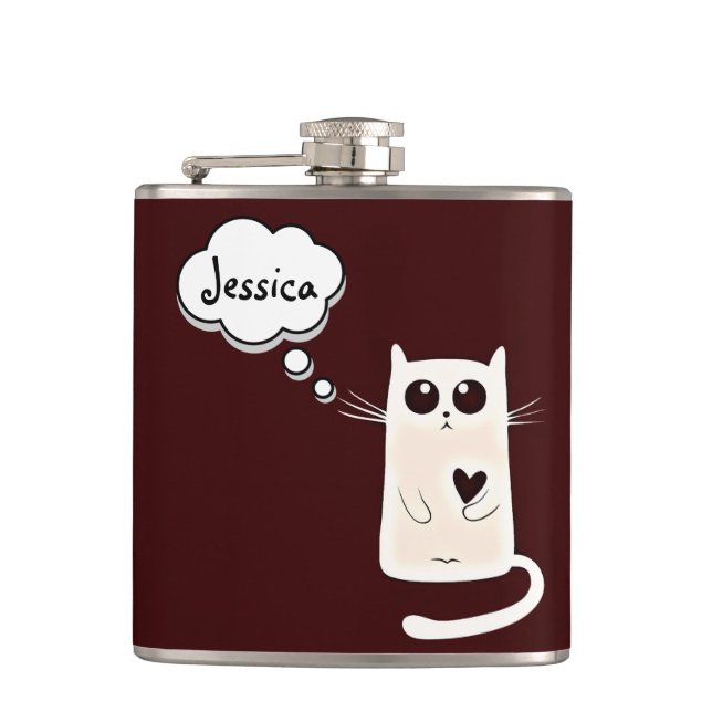 Lonely Hearts Cat Personalised Burgundy Hip Flask (Front)