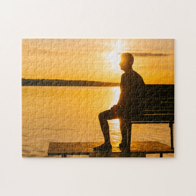 Lonely Man Beach Lake Sunset Scenery Landscape Jigsaw Puzzle (Horizontal)