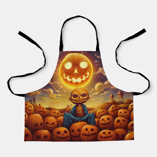Lonely prison zombie sits surrounded by pumpkins apron (Front)