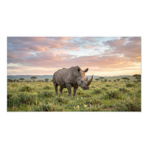 Lonely Rhino In Savanna At Sunset Photo Enlargemen Print