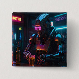 Lonely Robot at Neon Bar – Cyberpunk Emotional Sce 15 Cm Square Badge