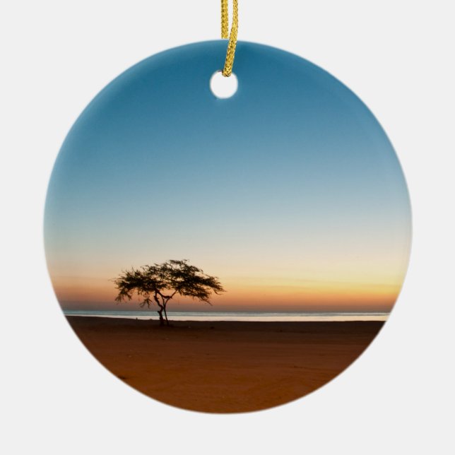 Lonely tree at sunrise in Kuwait Ceramic Tree Decoration (Front)