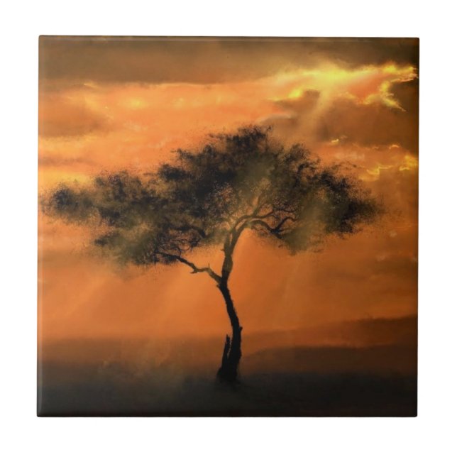 Lonely Tree Sunbeams - Drawing Art Collection Ceramic Tile (Front)