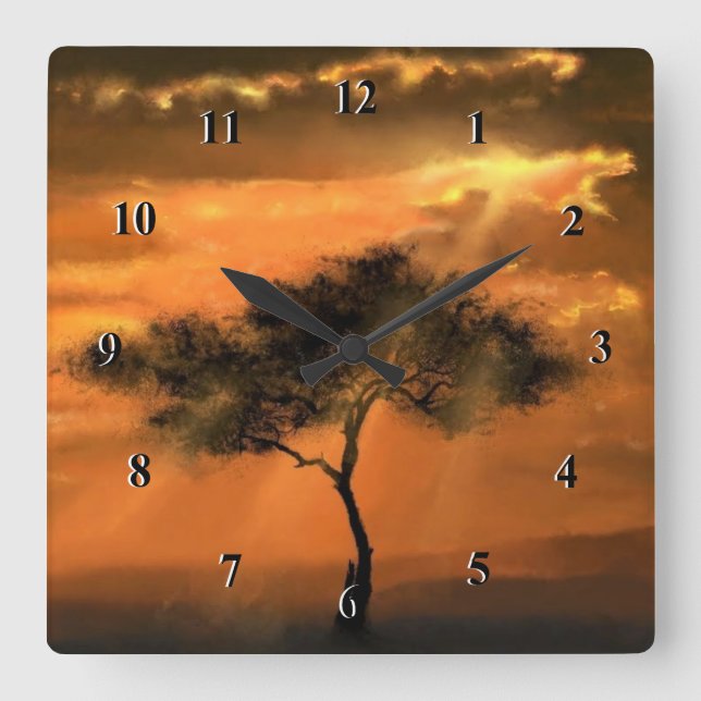 Lonely Tree Sunbeams - Drawing Art Collection - Square Wall Clock (Front)