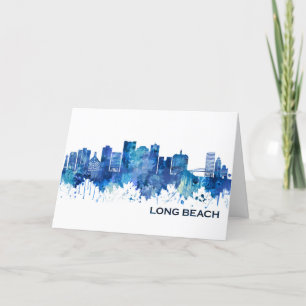 Long Beach California Skyline Blue Holiday Card
