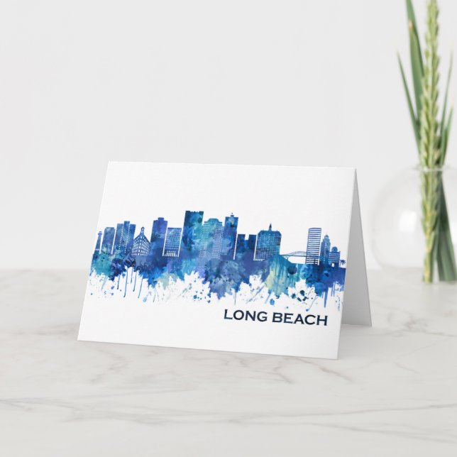 Long Beach California Skyline Blue Holiday Card (Front)