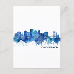 Long Beach California Skyline Blue Invitation Postcard