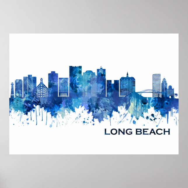 Long Beach California Skyline Blue Poster (Front)