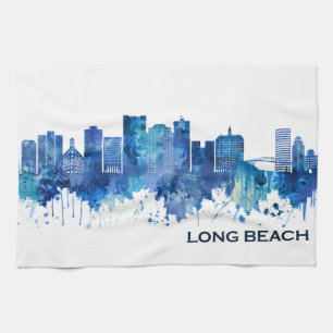 Long Beach California Skyline Blue Tea Towel