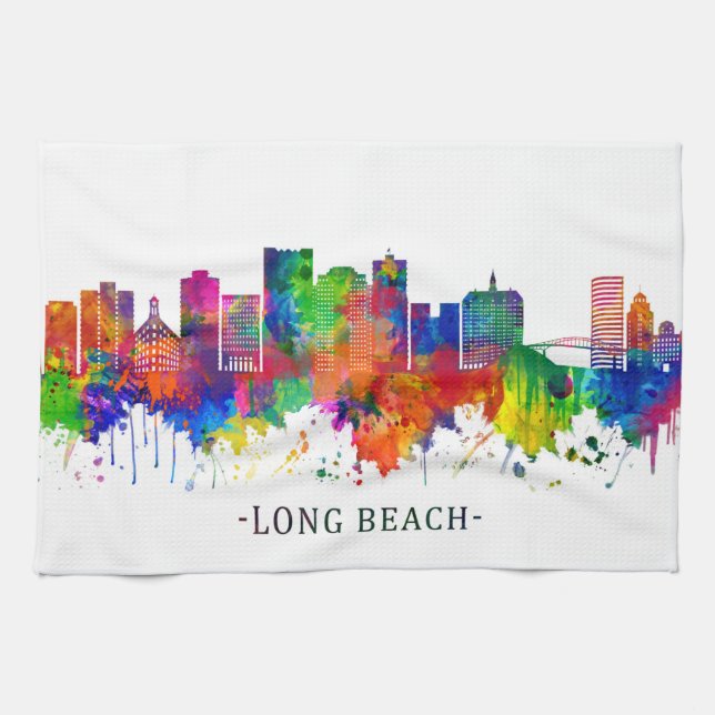 Long Beach California Skyline Tea Towel (Horizontal)