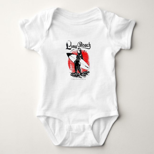 Long Beach California Surfer Girl Artwork Black Baby Bodysuit (Front)