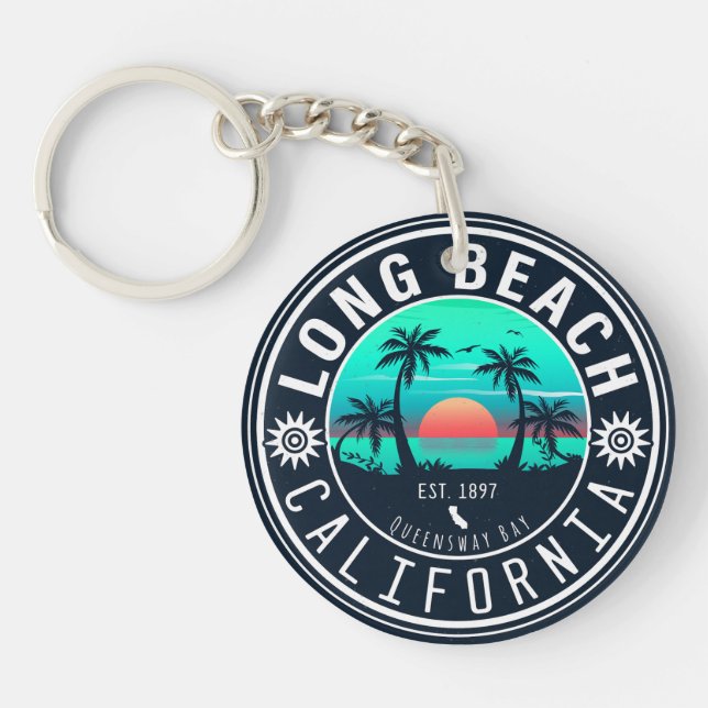 Long Beach California Tropical Sunset Souvenir 70s Key Ring (Front)