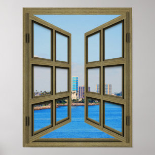Long Beach Harbour View - 6 Pane Open Window Poster