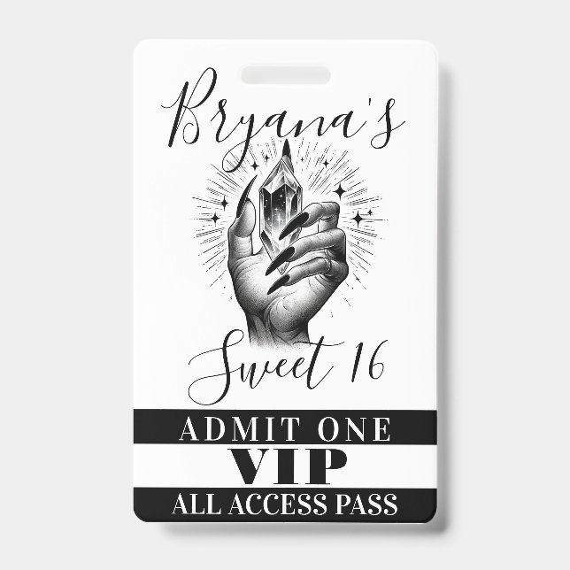 Long Black Nails Crystal Birthday VIP Access Pass ID Badge (Front)