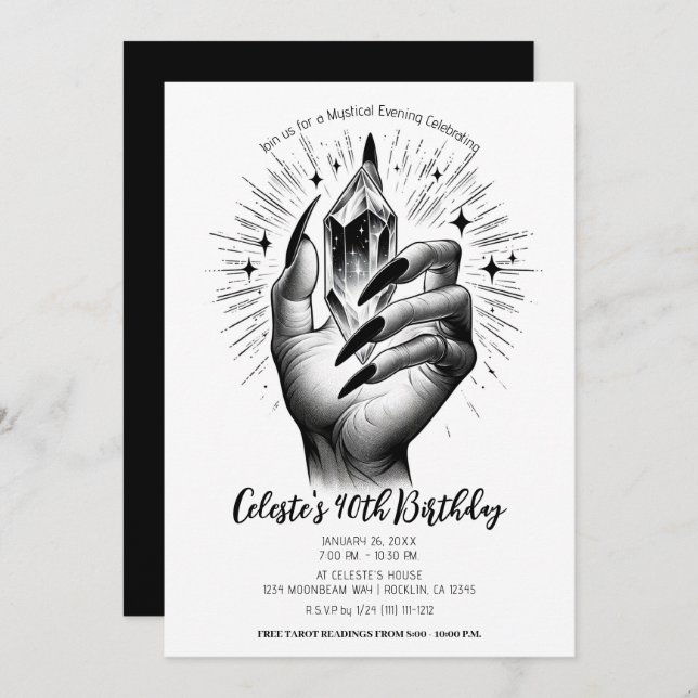Long Black Nails Crystal Energy Vintage Birthday Invitation (Front/Back)
