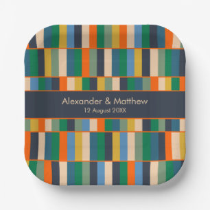 Long Blocks Retro Modern Checked & Personalised Paper Plate
