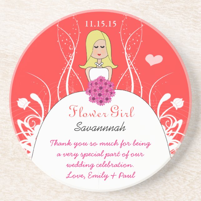 Long Blonde Coral & Pink Flower Girl Gown Coaster (Front)