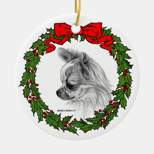 Long Coat Chihuahua Art by Glenda S. Harlan Ceramic Ornament (Front)