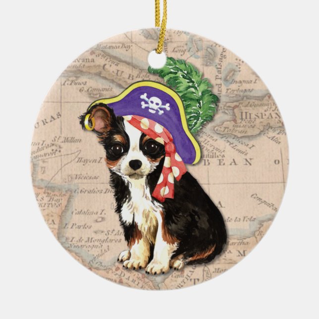 Long Coat Chihuahua Pirate Ceramic Tree Decoration (Front)